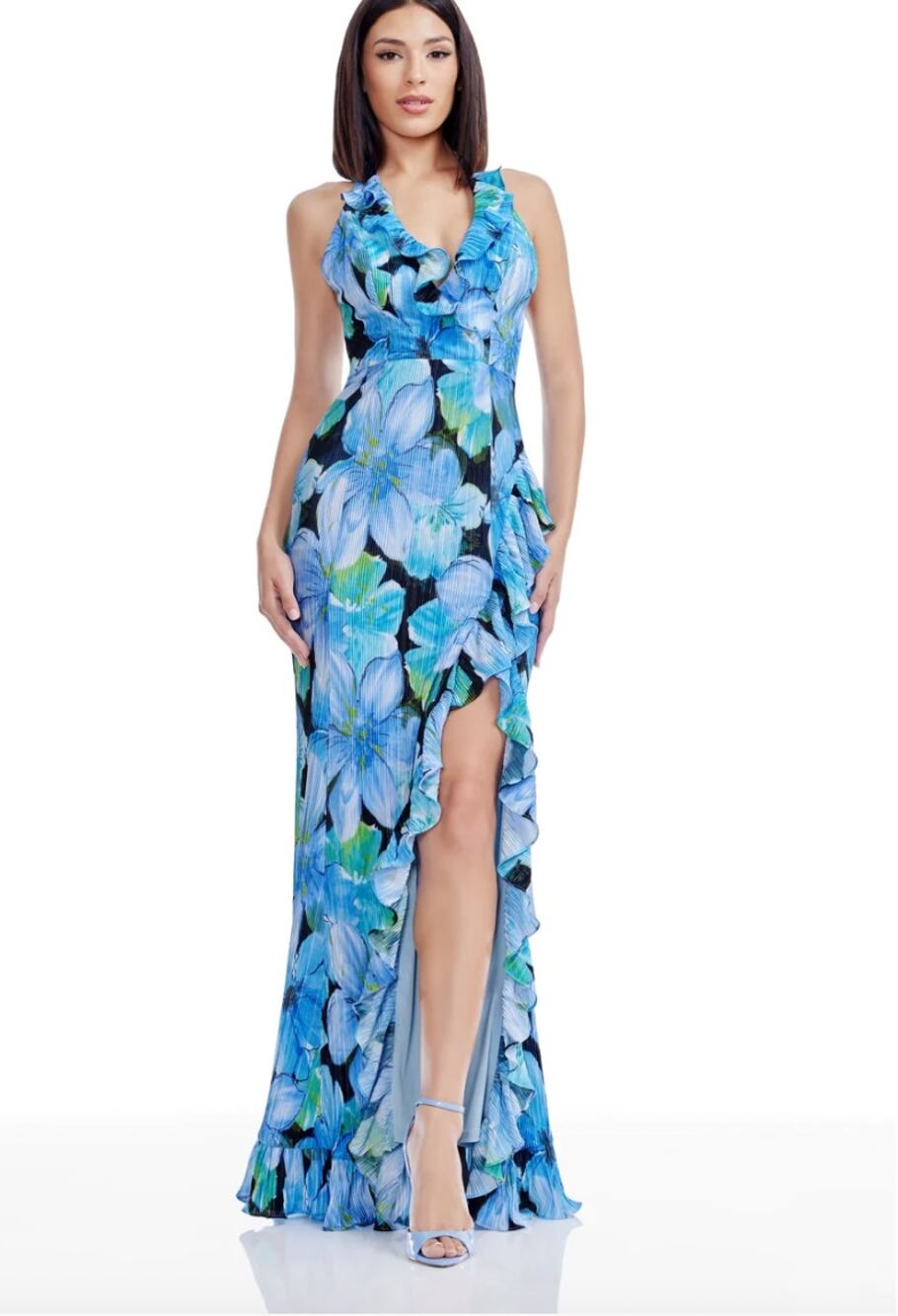 NWT Dress the Population Kathleen Sze Small Blue Halter Gown Dress Floral Formal